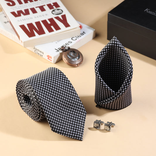 Kanthlangot Men’s 3-Piece Formal Set – Black Micro-Check Tie, Pocket Square & Silver Crystal Cufflinks (3-Inch Necktie)