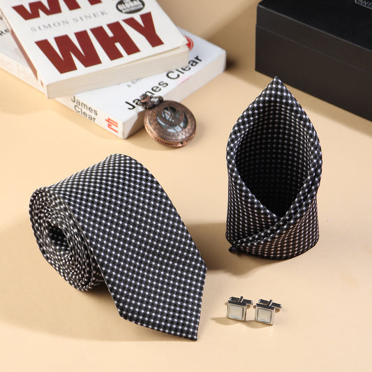 Kanthlangot Men’s 3-Piece Formal Set – Black Micro-Check Tie, Pocket Square & Light Silver Cufflinks (3-Inch Necktie)