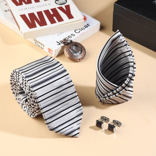 Kanthlangot Men’s 3-Piece Formal Set – Striped White, Grey & Black Tie, Pocket Square & Silver Cufflinks (3-Inch Necktie)