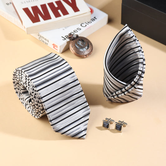 Kanthlangot Men’s 3-Piece Formal Set – Striped Tie, Pocket Square & Black Stone Cufflinks (3-Inch Necktie)