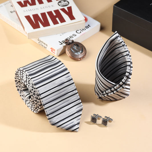 Kanthlangot Men’s 3-Piece Formal Set – Striped Tie, Pocket Square & Black Stone Silver Cufflinks (3-Inch Necktie)