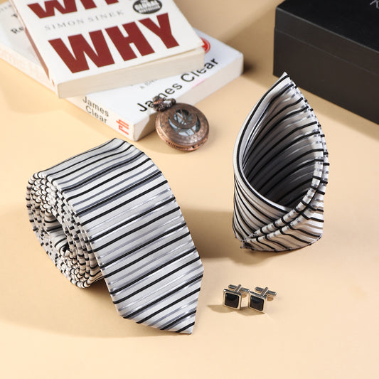 Kanthlangot Men’s 3-Piece Formal Set – Striped Tie, Pocket Square & Black Stone Silver Cufflinks (3-Inch Necktie)