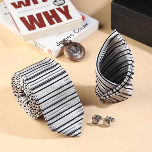 Kanthlangot Men’s 3-Piece Formal Set – Striped Tie, Pocket Square & Silver Crystal Cufflinks (3-Inch Necktie)