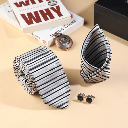 Kanthlangot Men’s Formal Set – White Grey Black Striped Tie, Pocket Square & Black Stone Cufflinks (3-Inch Necktie)