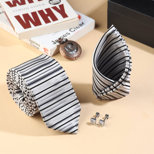 Kanthlangot men’s striped tie set with matching pocket square & silver cufflinks with black stone. Perfect for weddings, office, and elegant gifting.