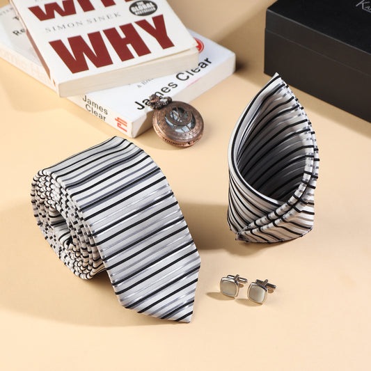 Kanthlangot men’s striped tie set with pocket square & silver crystal cufflinks. Ideal for weddings, corporate events, and sophisticated gifting.
