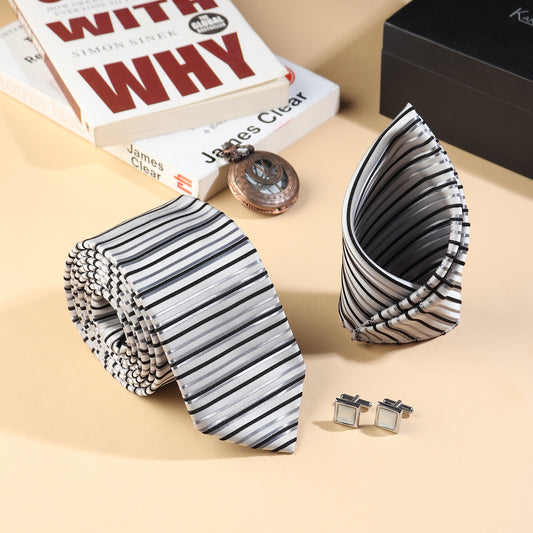 Kanthlangot Men’s 3-Piece Formal Set – White Grey Black Striped Tie, Pocket Square & Light Silver Cufflinks (3-Inch Necktie)