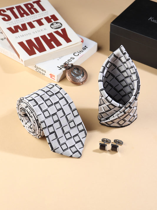 Kanthlangot Men’s 3-Piece Formal Set – Geometric Square Tie, Pocket Square & Black Stone Cufflinks (3-Inch Necktie)