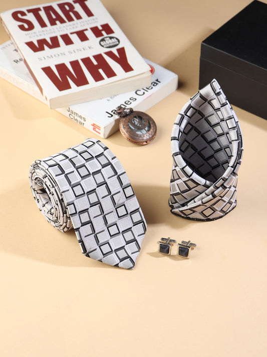 Kanthlangot Men’s 3-Piece Formal Set – Geometric Square Tie, Pocket Square & Black Stone Cufflinks (3-Inch Necktie)