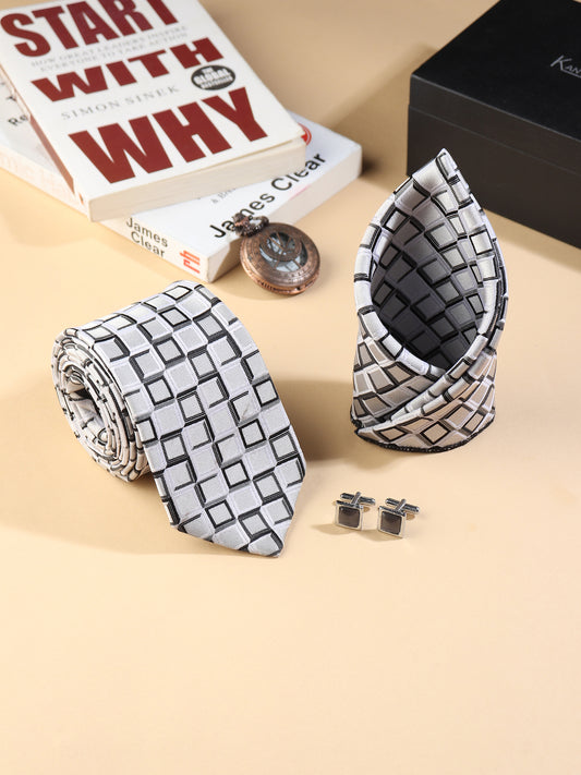 Kanthlangot Men’s 3-Piece Formal Set – Geometric Square Tie, Pocket Square & Black Stone Cufflinks (3-Inch Necktie)