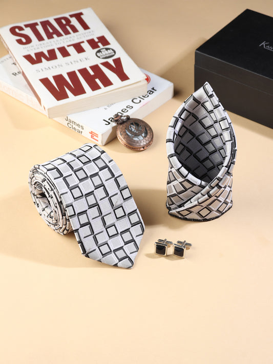 Kanthlangot geometric tie set with pocket square & black stone cufflinks. Stylish, premium set perfect for weddings, business, and gifting.