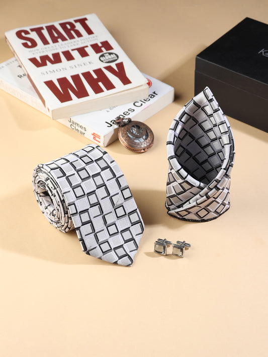 Kanthlangot Men’s 3-Piece Formal Set – Geometric Square Tie, Pocket Square & Light Stone Cufflinks (3-Inch Necktie)