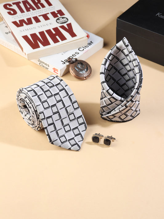 Kanthlangot Men’s 3-Piece Formal Set – Geometric Square Tie, Pocket Square & Black Stone Cufflinks (3-Inch Necktie)
