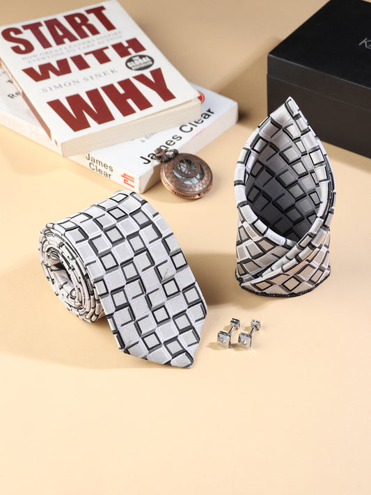 Kanthlangot Men’s 3-Piece Formal Set – Geometric Tie, Pocket Square & Crystal Cufflinks (3-Inch Necktie)