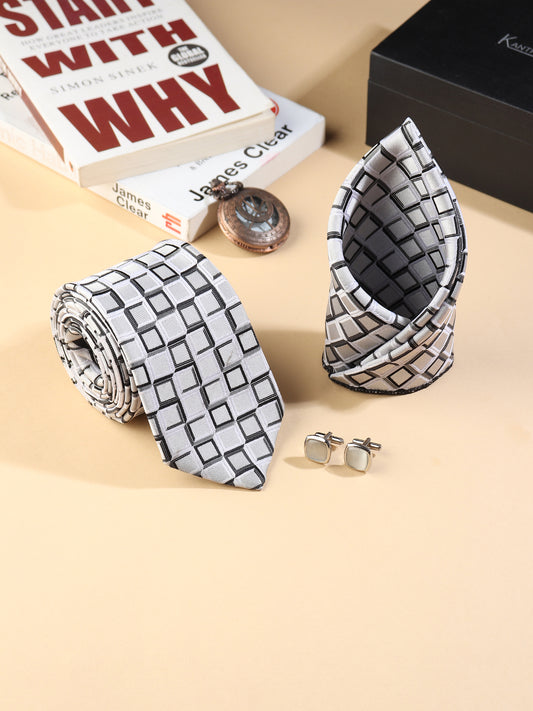 Kanthlangot Men’s 3-Piece Formal Set – Geometric Tie, Pocket Square & Light Silver Cufflinks (3-Inch Necktie)