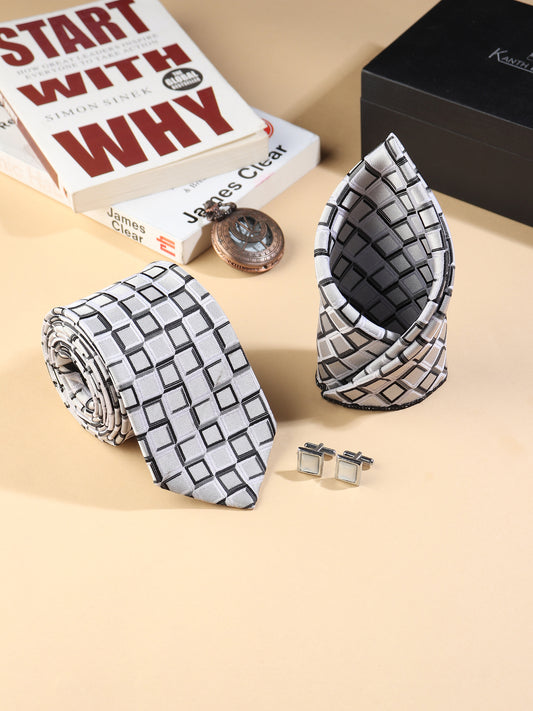 Kanthlangot Men’s 3-Piece Formal Set – Geometric Tie, Pocket Square & White Stone Cufflinks (3-Inch Necktie)
