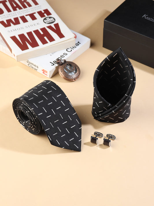 Kanthlangot Men’s 3-Piece Formal Set – Black Dash Pattern Tie, Pocket Square & Dark Silver Cufflinks (3-Inch Necktie)