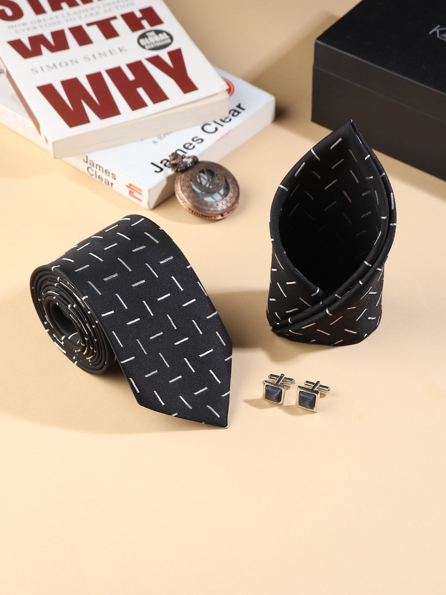 Kanthlangot Men’s 3-Piece Formal Set – Black Dash Tie, Pocket Square & Black Stone Cufflinks (3-Inch Necktie)