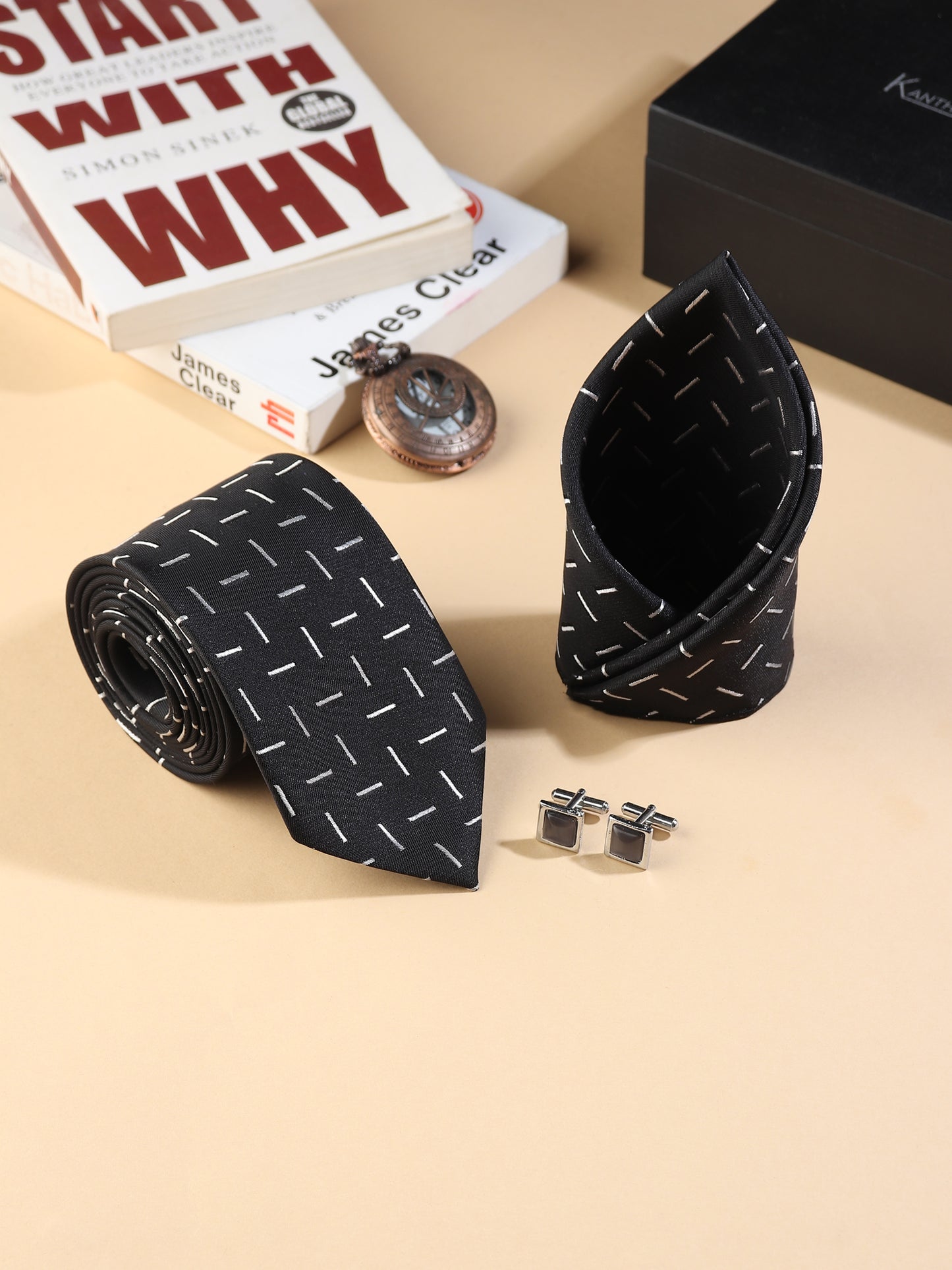 Kanthlangot Men’s 3-Piece Formal Set – Black Dash Tie, Pocket Square & Dark Stone Silver Cufflinks (3-Inch Necktie)