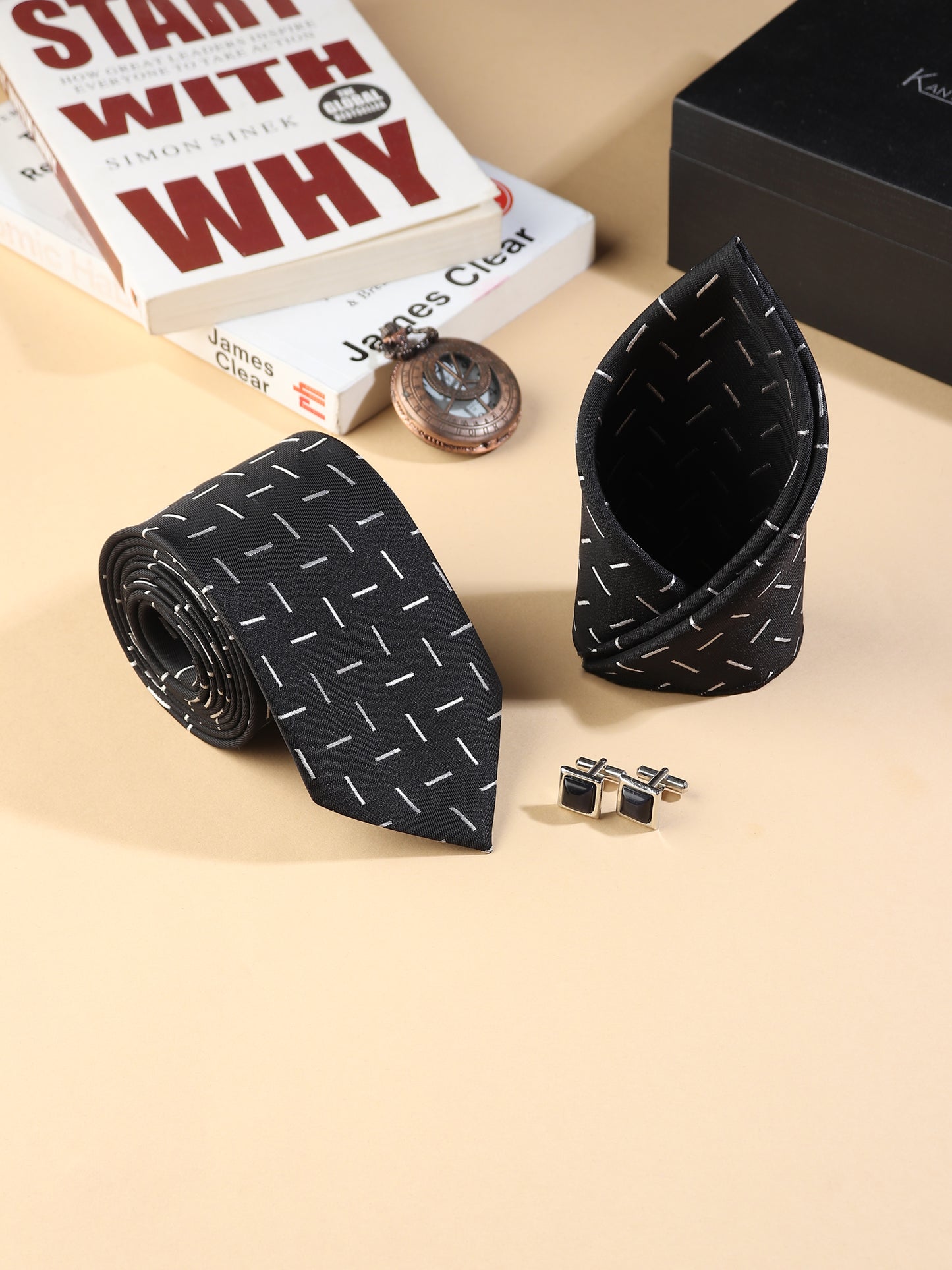 Kanthlangot Men’s 3-Piece Formal Set – Black Dash Tie, Pocket Square & Glossy Black Stone Cufflinks (3-Inch Necktie)
