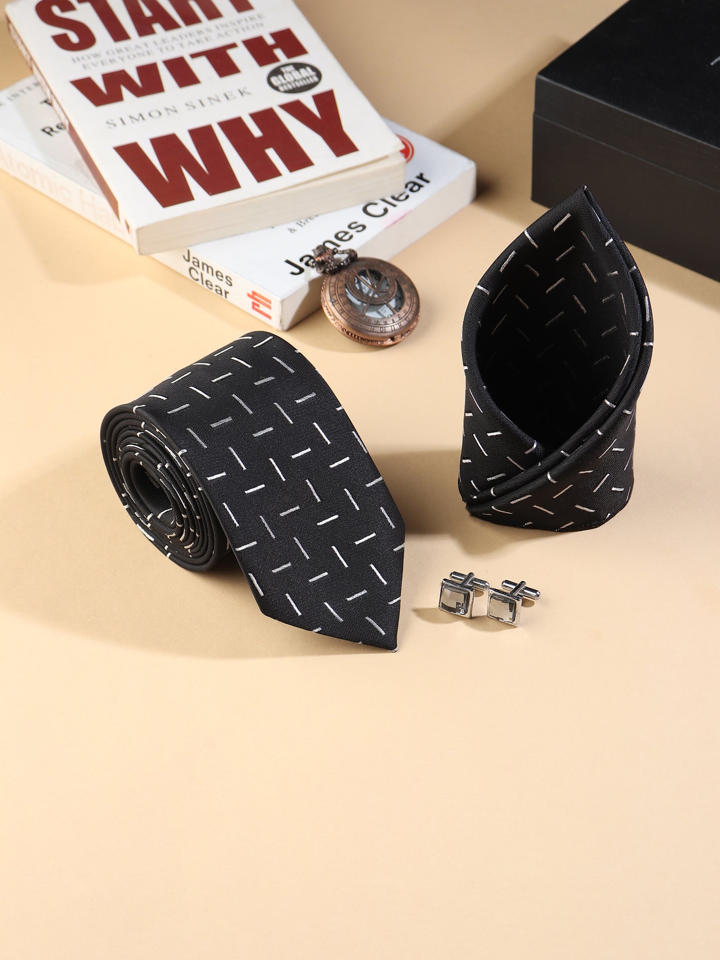 Kanthlangot Men’s 3-Piece Formal Set – Black Dash Tie, Pocket Square & Light Stone Cufflinks (3-Inch Necktie)