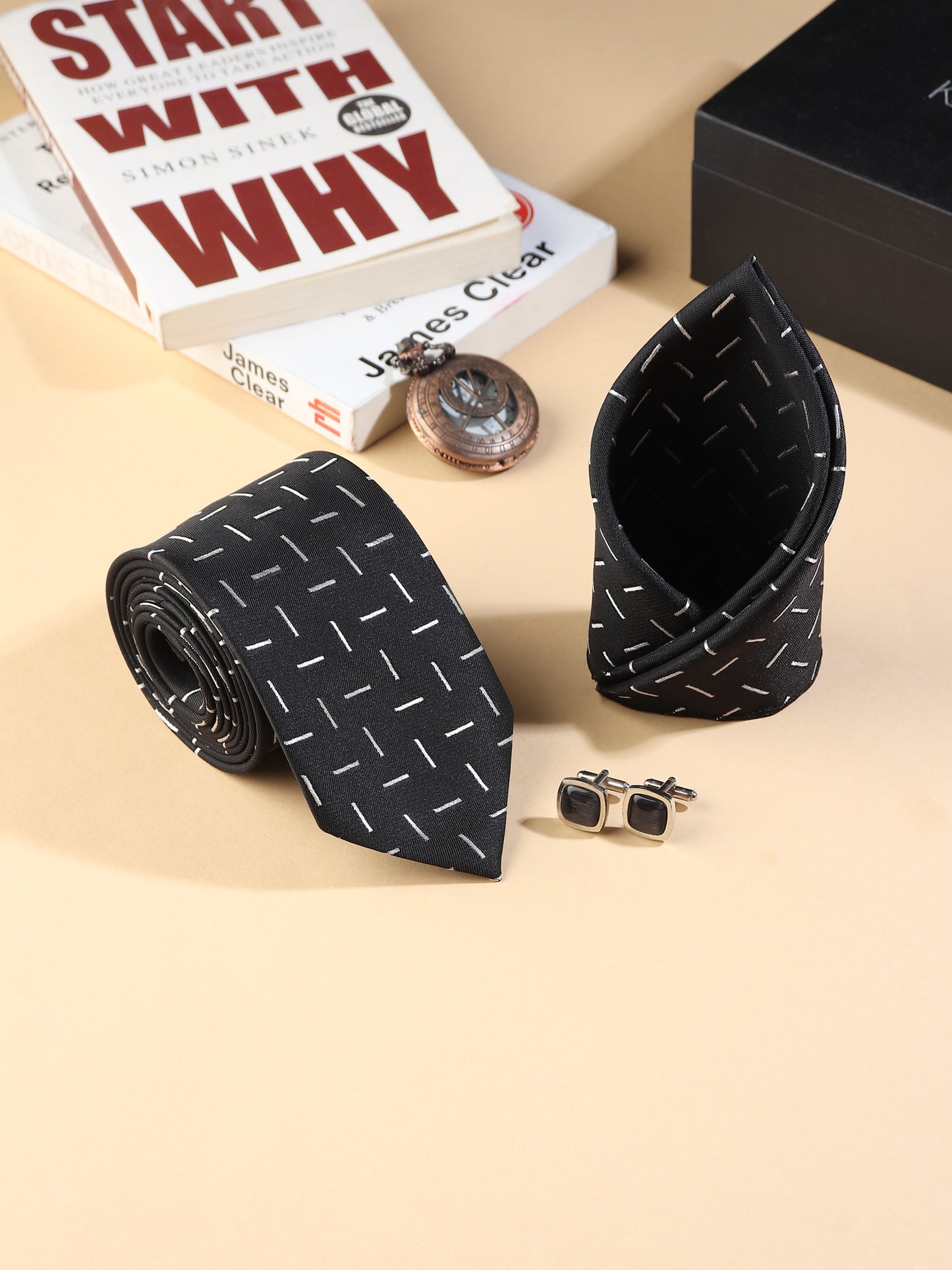 Kanthlangot Men’s 3-Piece Formal Set – Black Dash Tie, Pocket Square & Rounded Black Stone Cufflinks (3-Inch Necktie)