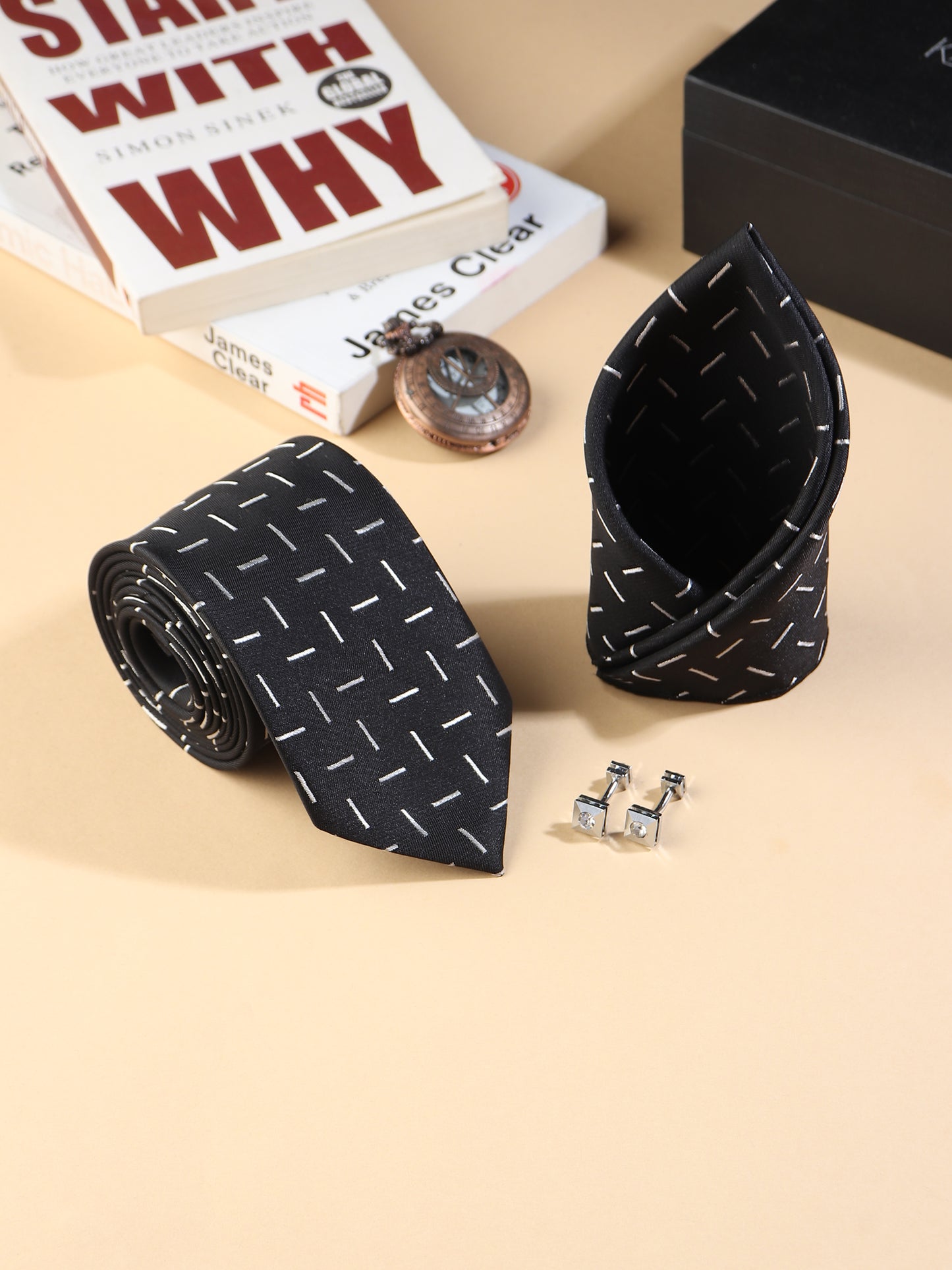 Kanthlangot Men’s 3-Piece Formal Set – Black Dash Tie, Pocket Square & Crystal Pyramid Cufflinks (3-Inch Necktie)