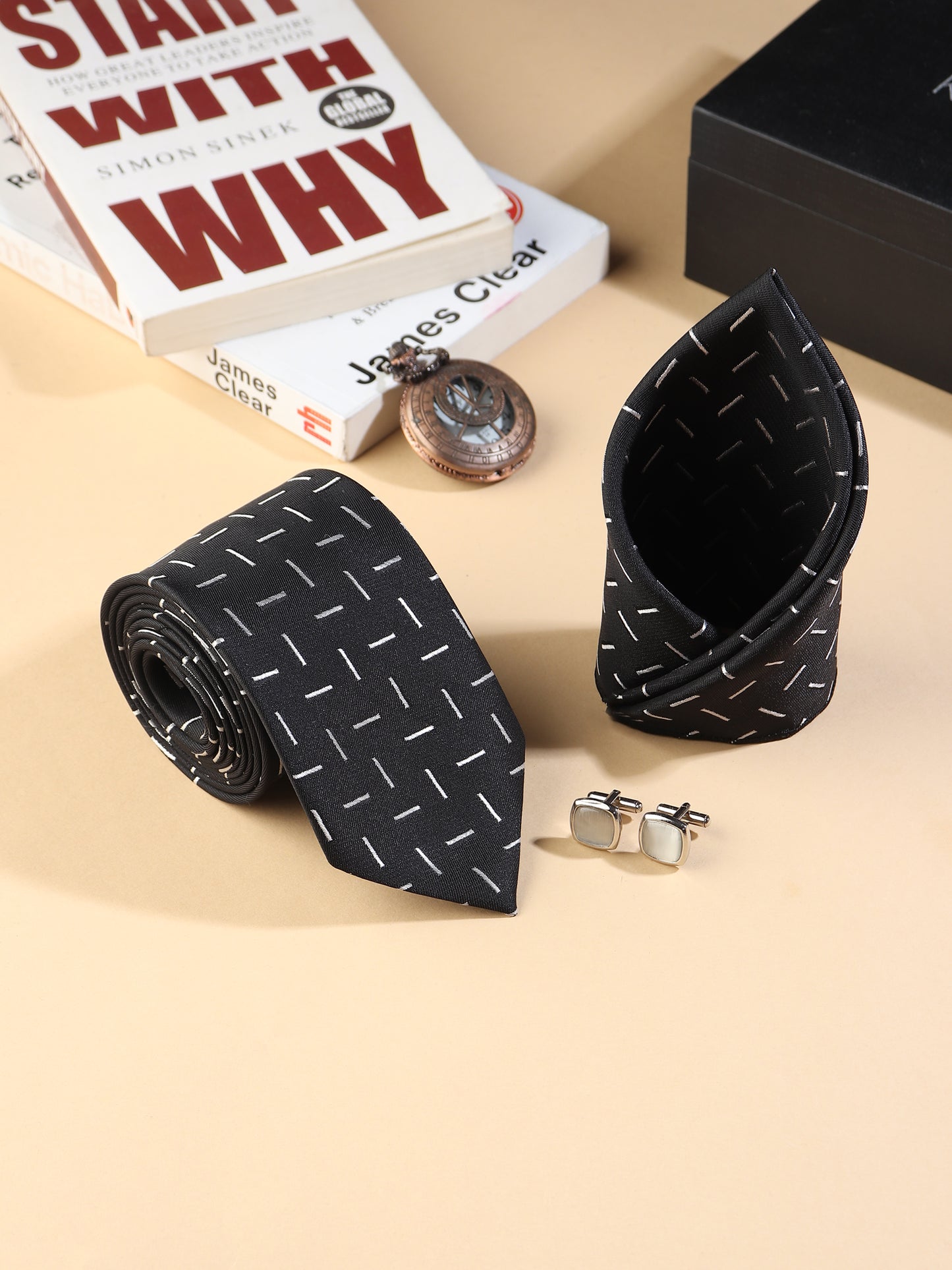 Kanthlangot Men’s 3-Piece Formal Set – Black Dash Tie, Pocket Square & Light Silver Cufflinks (3-Inch Necktie)