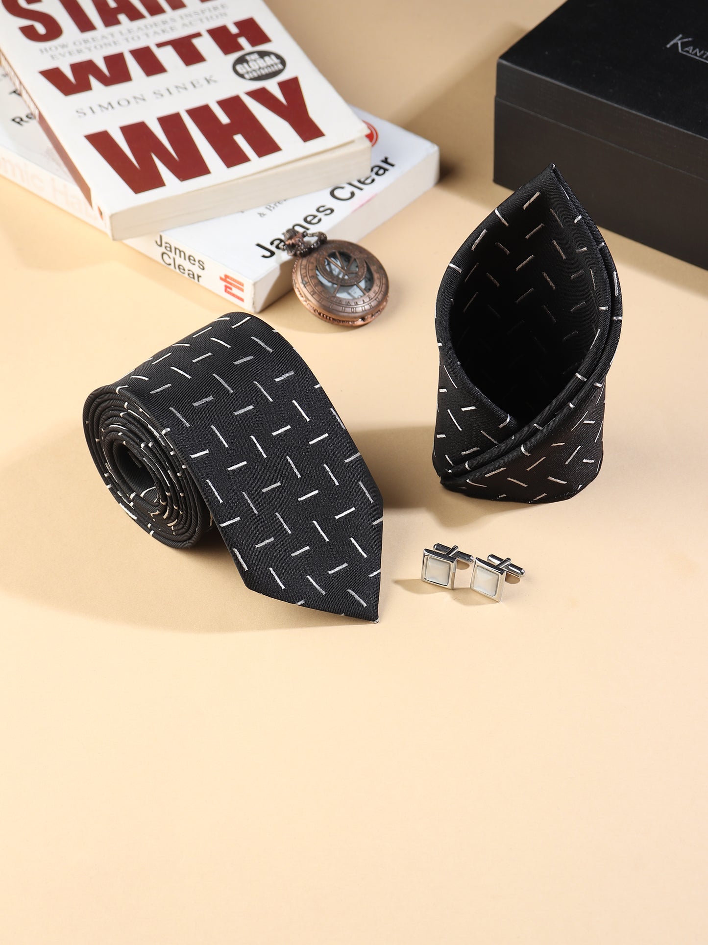 Kanthlangot Men’s 3-Piece Formal Set – Black Dash Tie, Pocket Square & White Stone Cufflinks (3-Inch Necktie)