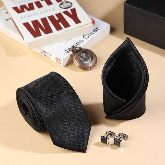 Kanthlangot Men’s 3-Piece Formal Set – Black Geometric Texture Tie, Pocket Square & Rectangular Black Cufflinks (3-Inch Necktie)