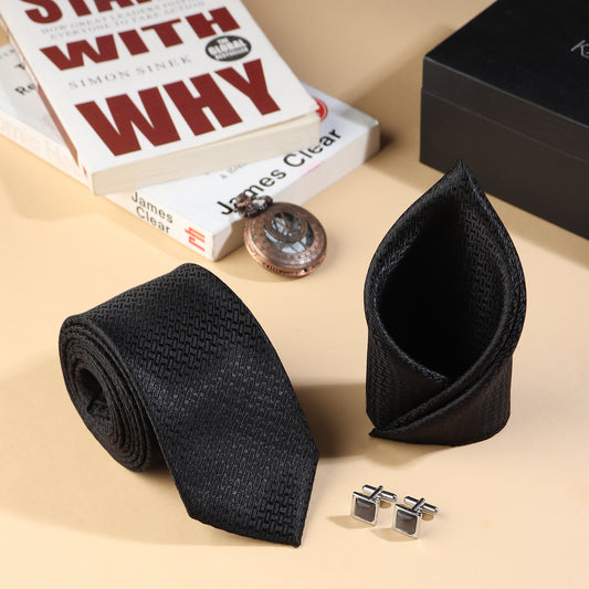 Kanthlangot Men’s 3-Piece Formal Set – Black Geometric Tie, Pocket Square & Square Dark Stone Cufflinks (3-Inch Necktie)