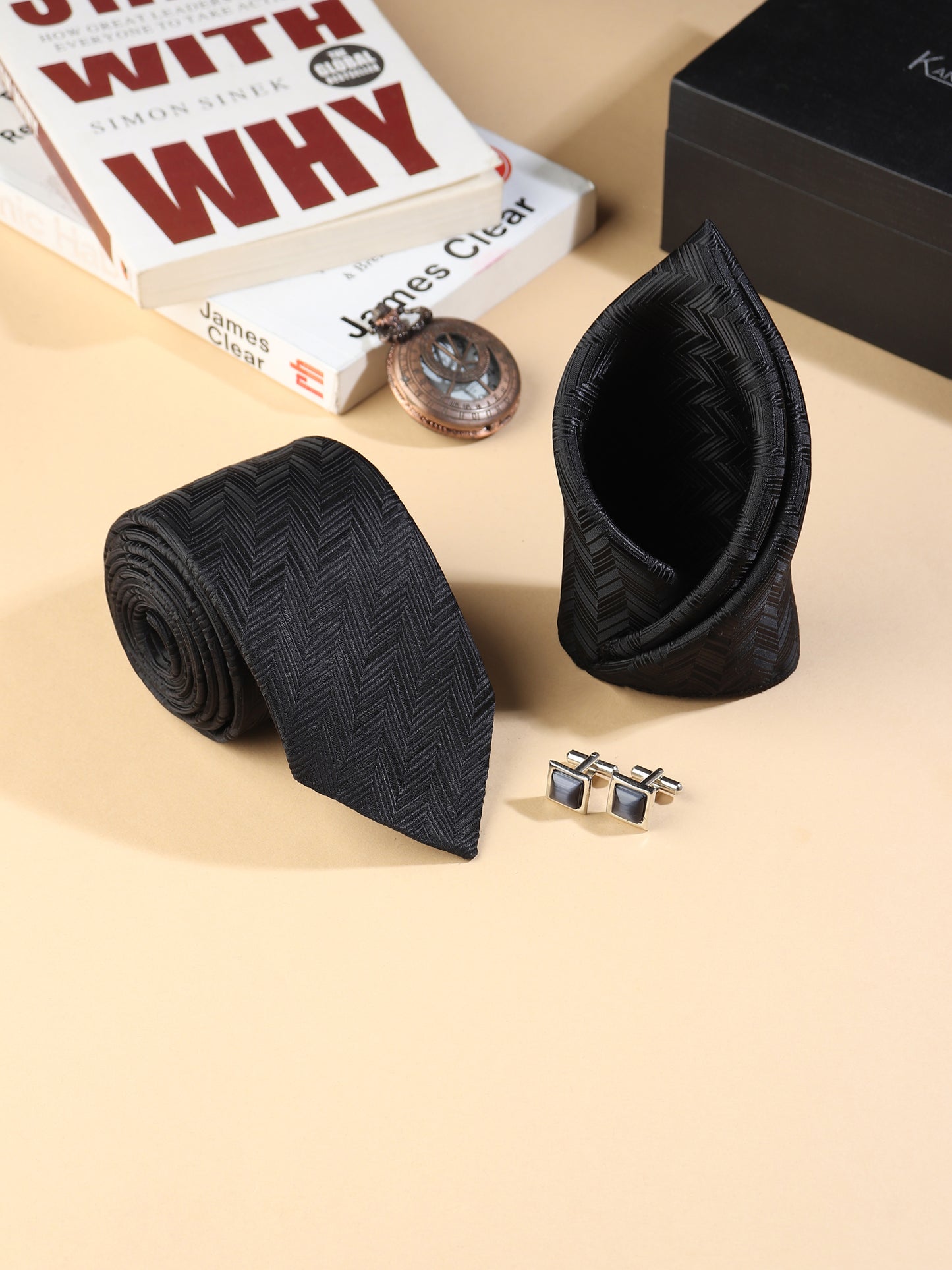 Kanthlangot Men’s 3-Piece Formal Set – Black Herringbone Tie, Pocket Square & Square Black Stone Cufflinks (3-Inch Necktie)