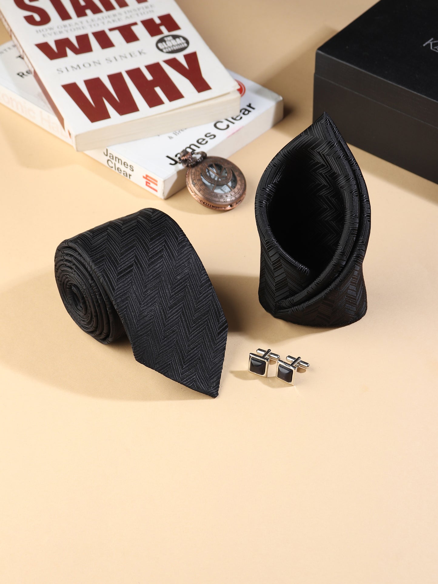 Kanthlangot Men’s 3-Piece Formal Set – Black Herringbone Tie, Pocket Square & Jet Black Stone Cufflinks (3-Inch Necktie)