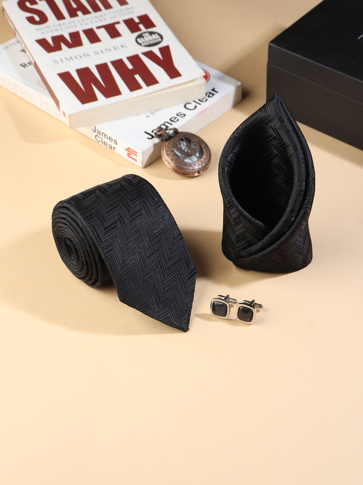 Kanthlangot Men’s 3-Piece Formal Set – Black Herringbone Tie, Pocket Square & Rounded Matte Black Cufflinks (3-Inch Necktie)