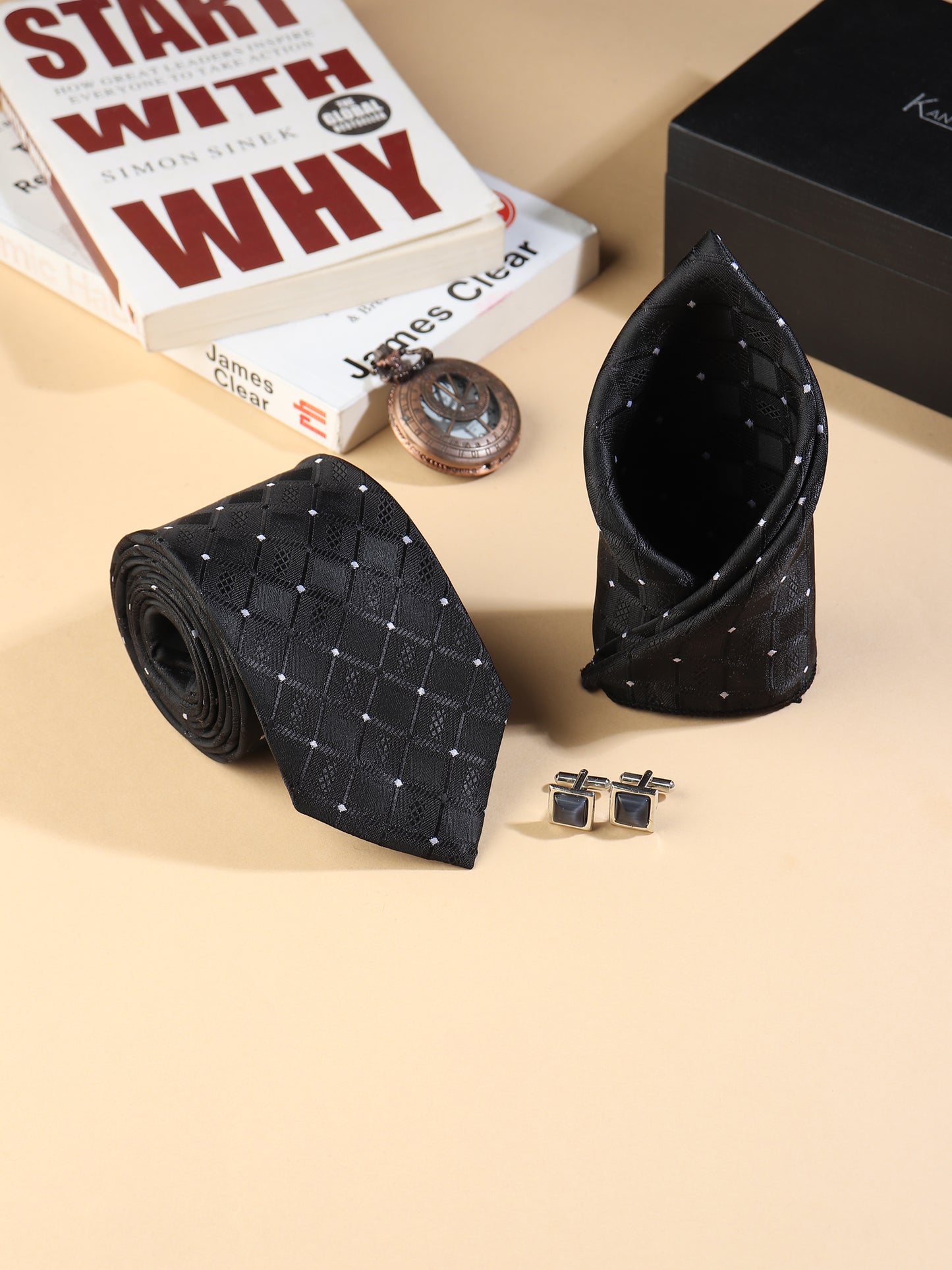 Kanthlangot black diamond pattern tie set with pocket square & rectangular black cufflinks. Elegant, detailed, and made for standout formals.