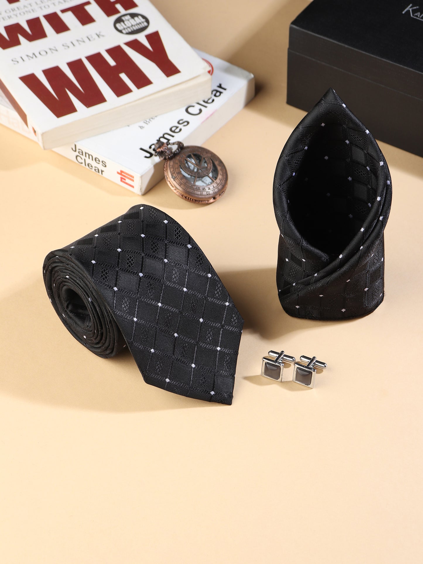 Kanthlangot Men’s 3-Piece Formal Set – Black Diamond Tie, Pocket Square & Grey Cat’s Eye Cufflinks (3-Inch Necktie)