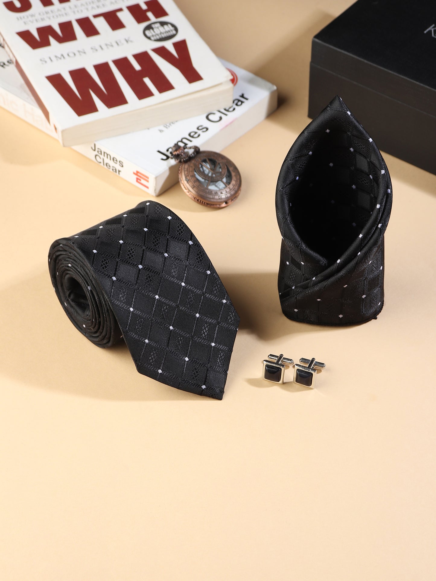Kanthlangot Men’s 3-Piece Formal Set – Black Diamond Tie, Pocket Square & Square Jet Black Cufflinks (3-Inch Necktie)