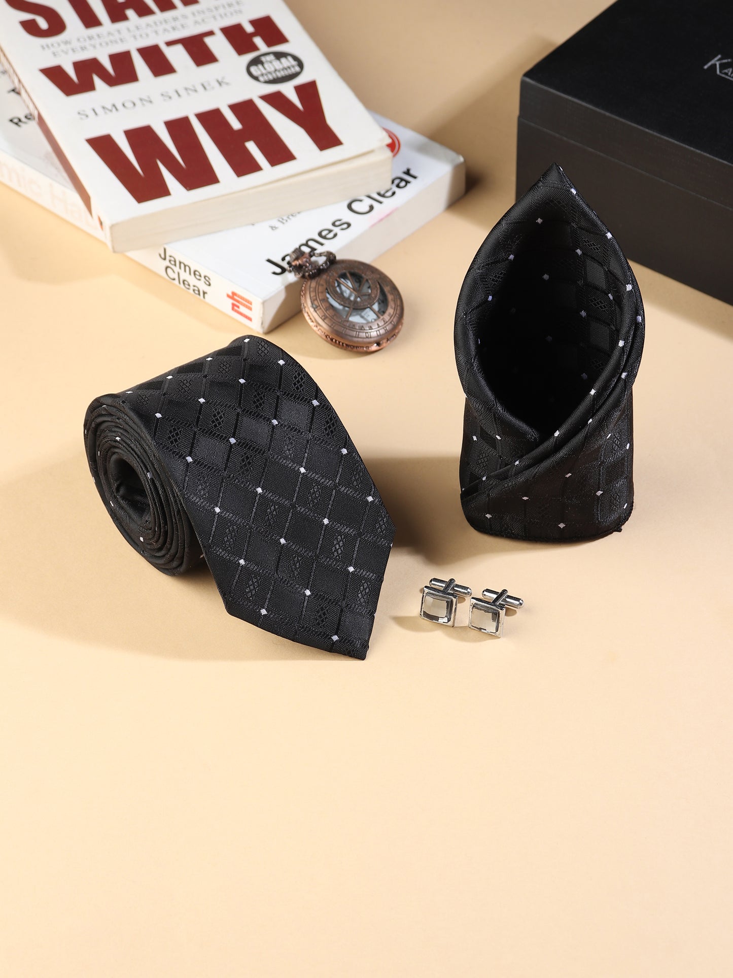 Kanthlangot Men’s 3-Piece Formal Set – Black Diamond Tie, Pocket Square & Light Stone Cufflinks (3-Inch Necktie)