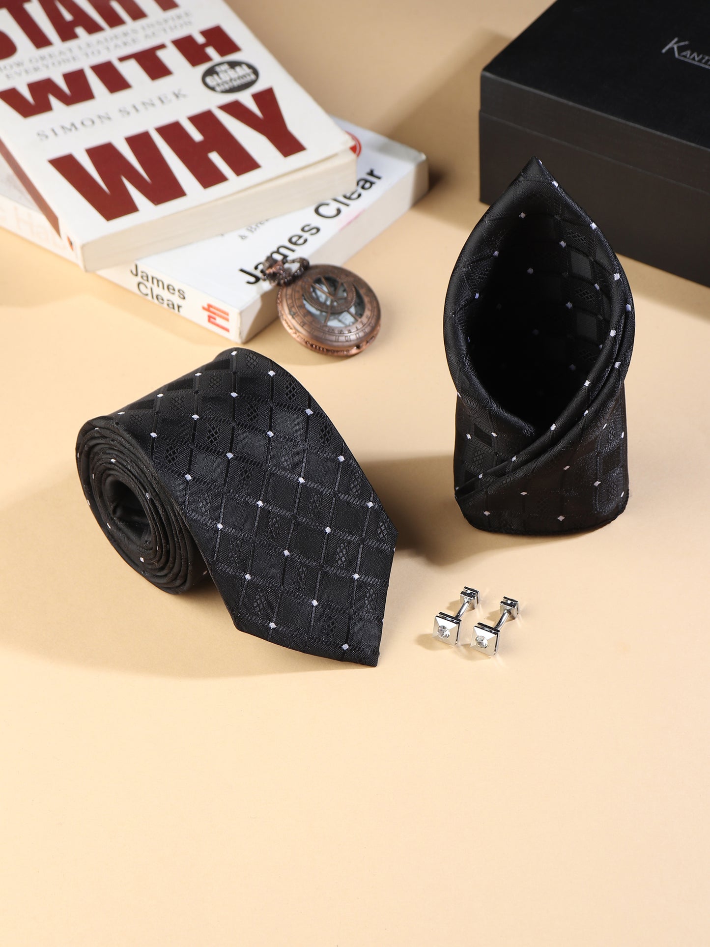 Kanthlangot black diamond tie set with pocket square & matte black rounded cufflinks. A timeless, formal look for weddings, events, or gifts.