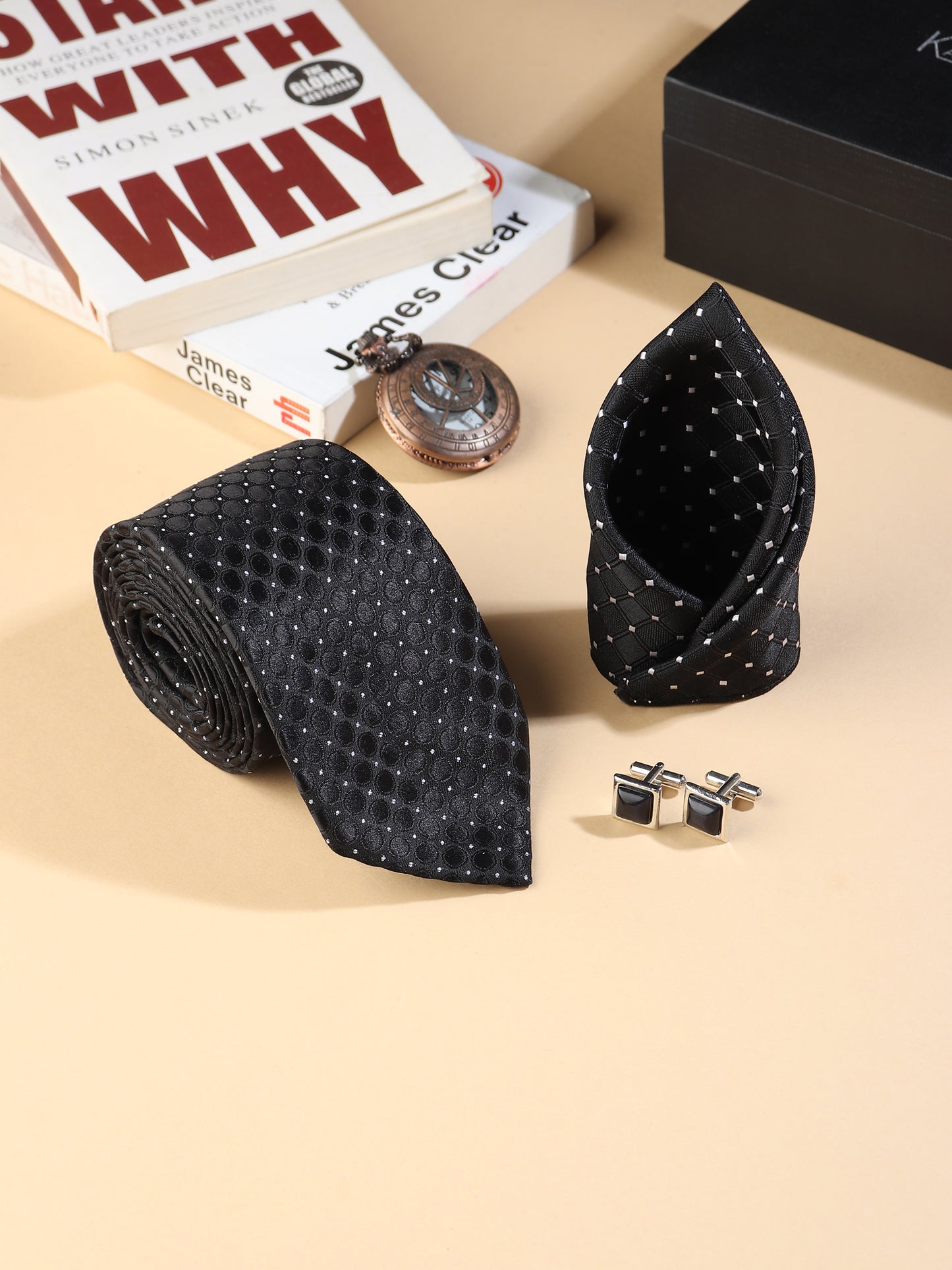 Kanthlangot Men’s 3-Piece Formal Set – Black Dot-Grid Tie, Pocket Square & Square Jet Black Cufflinks (3-Inch Necktie)