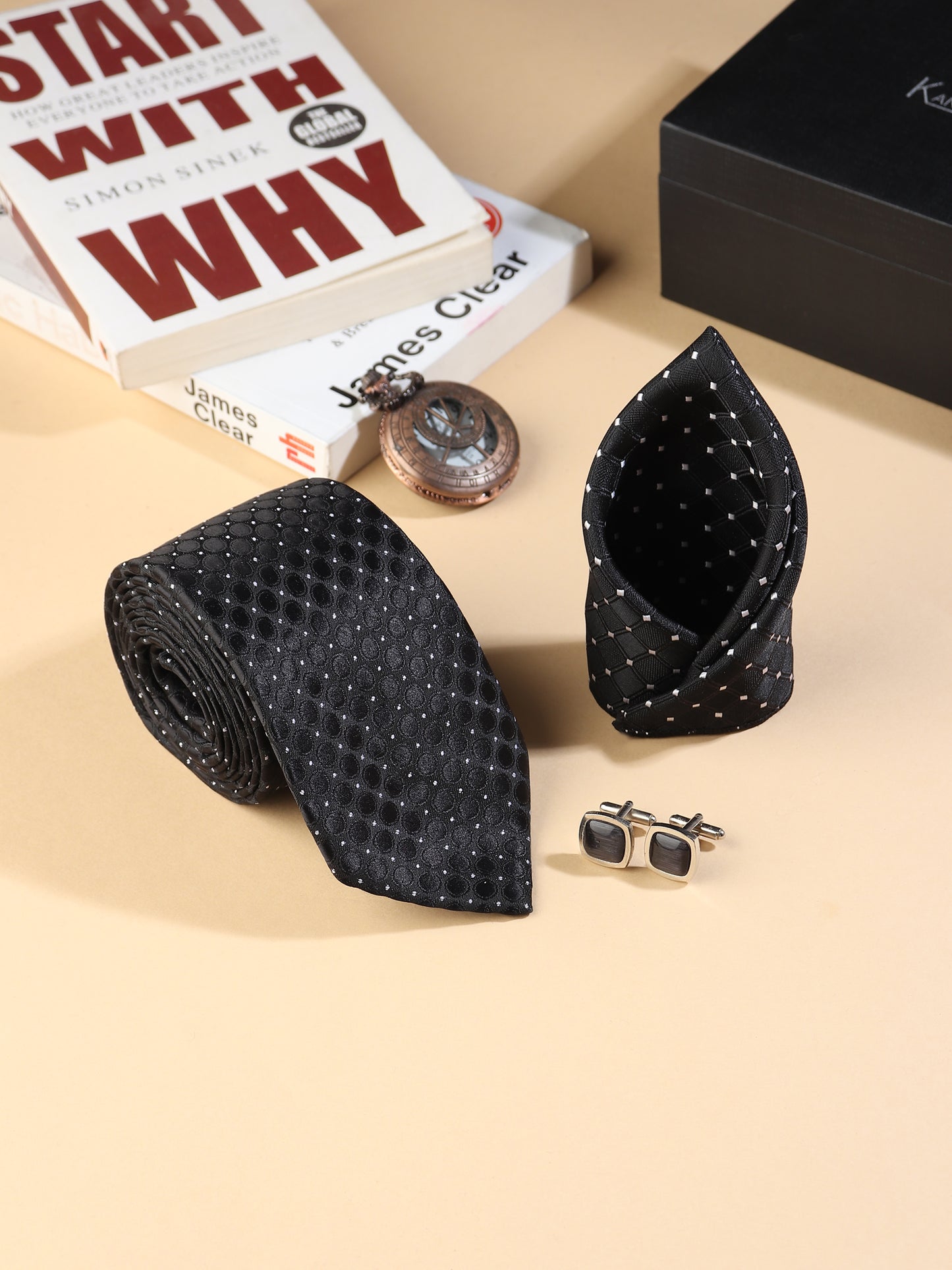 Kanthlangot Men’s 3-Piece Formal Set – Black Dot-Grid Tie, Pocket Square & Rounded Matte Black Cufflinks (3-Inch Necktie)