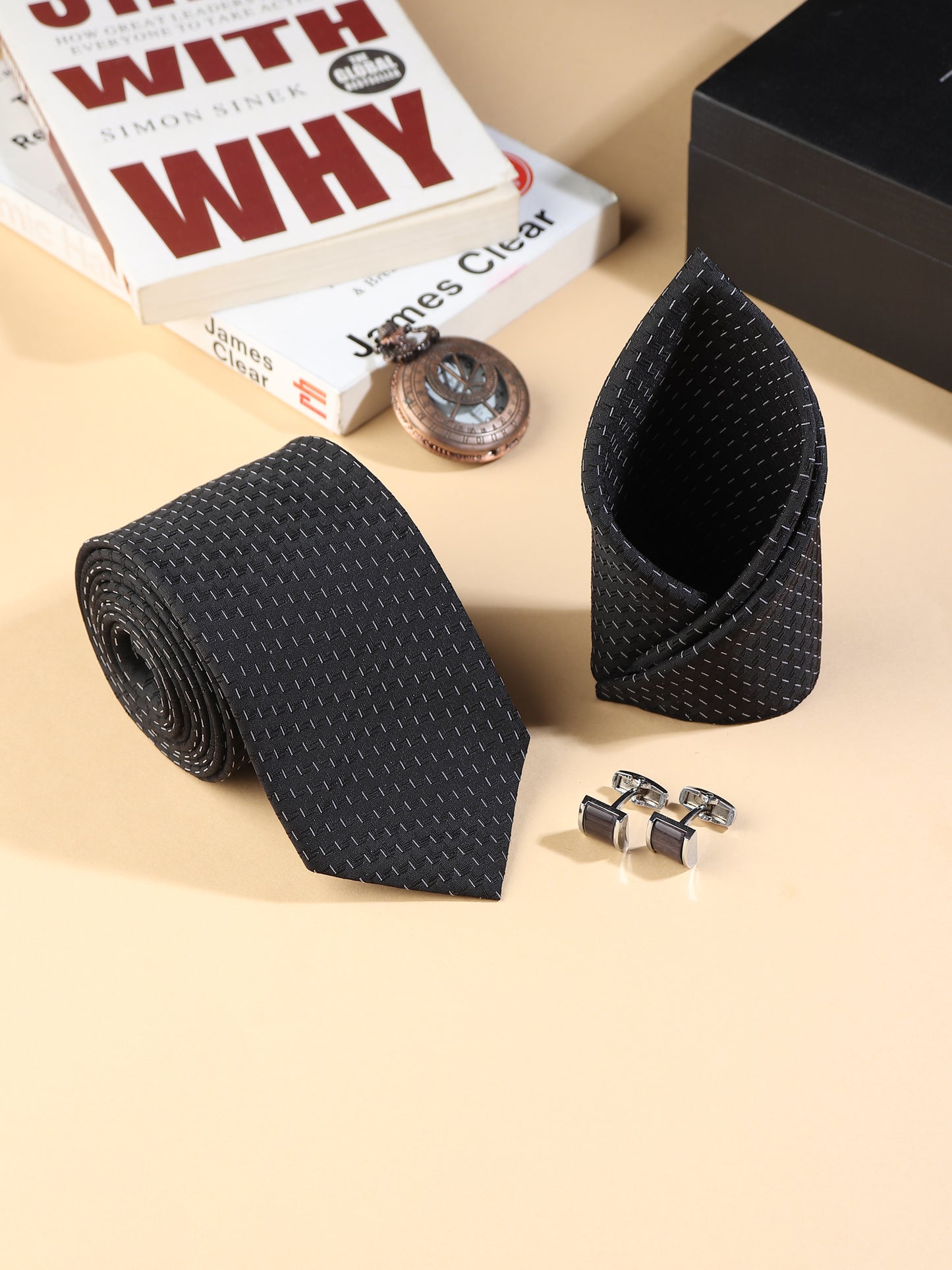 Kanthlangot Men’s 3-Piece Formal Set – Black Micro-Dash Tie, Pocket Square & Rectangular Dark Cufflinks (3-Inch Necktie)