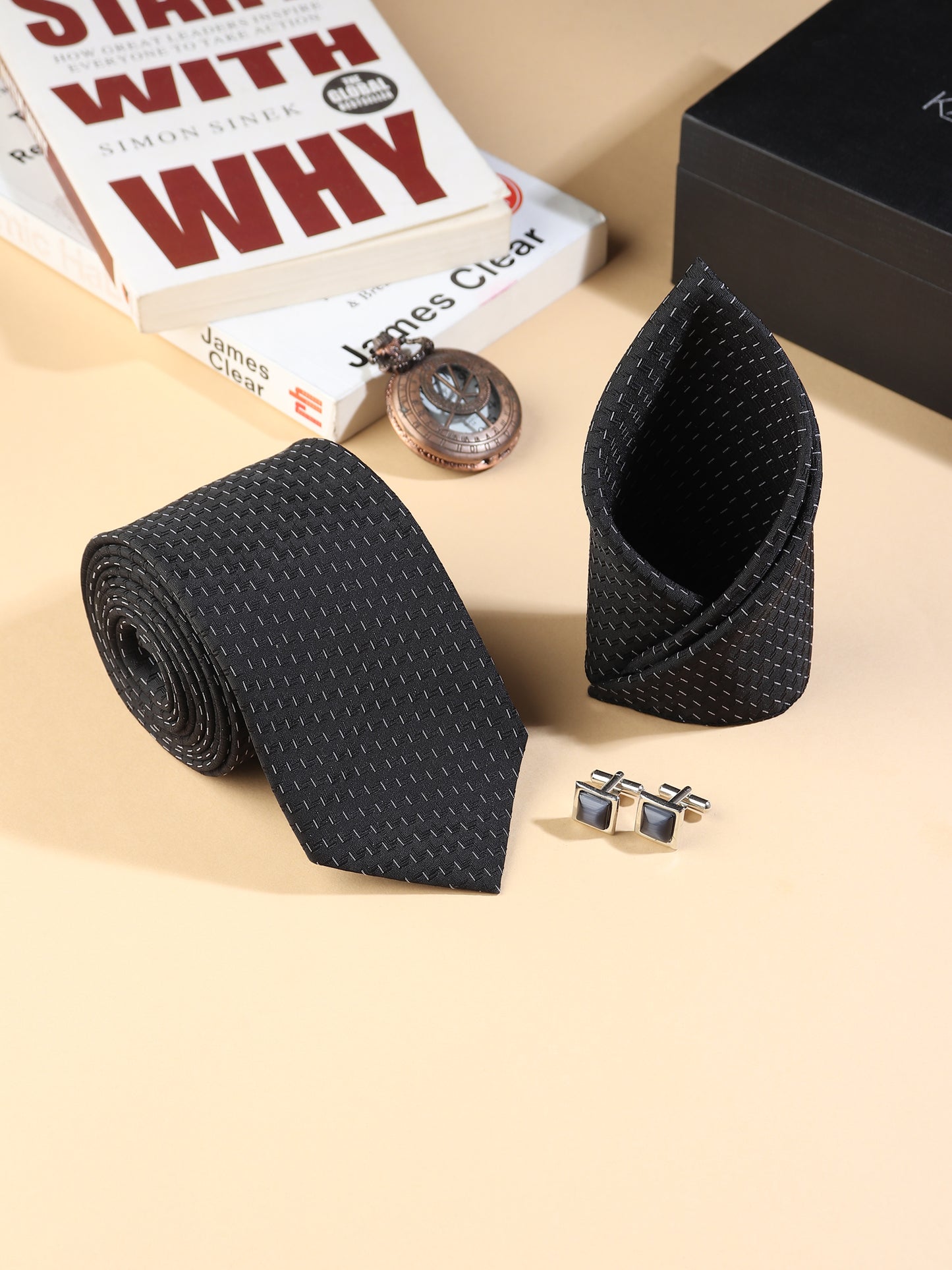 Kanthlangot Men’s 3-Piece Formal Set – Black Micro-Dash Tie, Pocket Square & Grey Cat’s Eye Cufflinks (3-Inch Necktie)