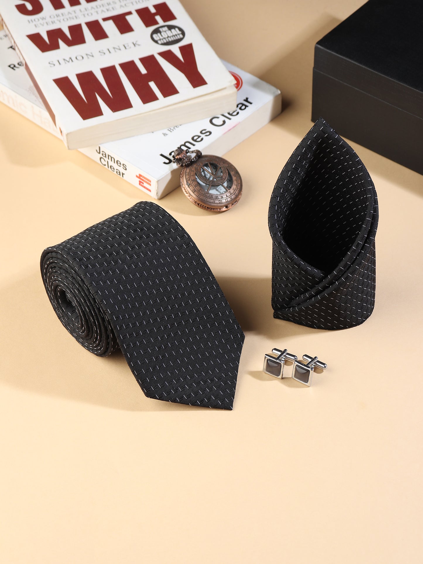 Kanthlangot Men’s 3-Piece Formal Set – Black Micro-Dash Tie, Pocket Square & Square Polished Dark Cufflinks (3-Inch Necktie)