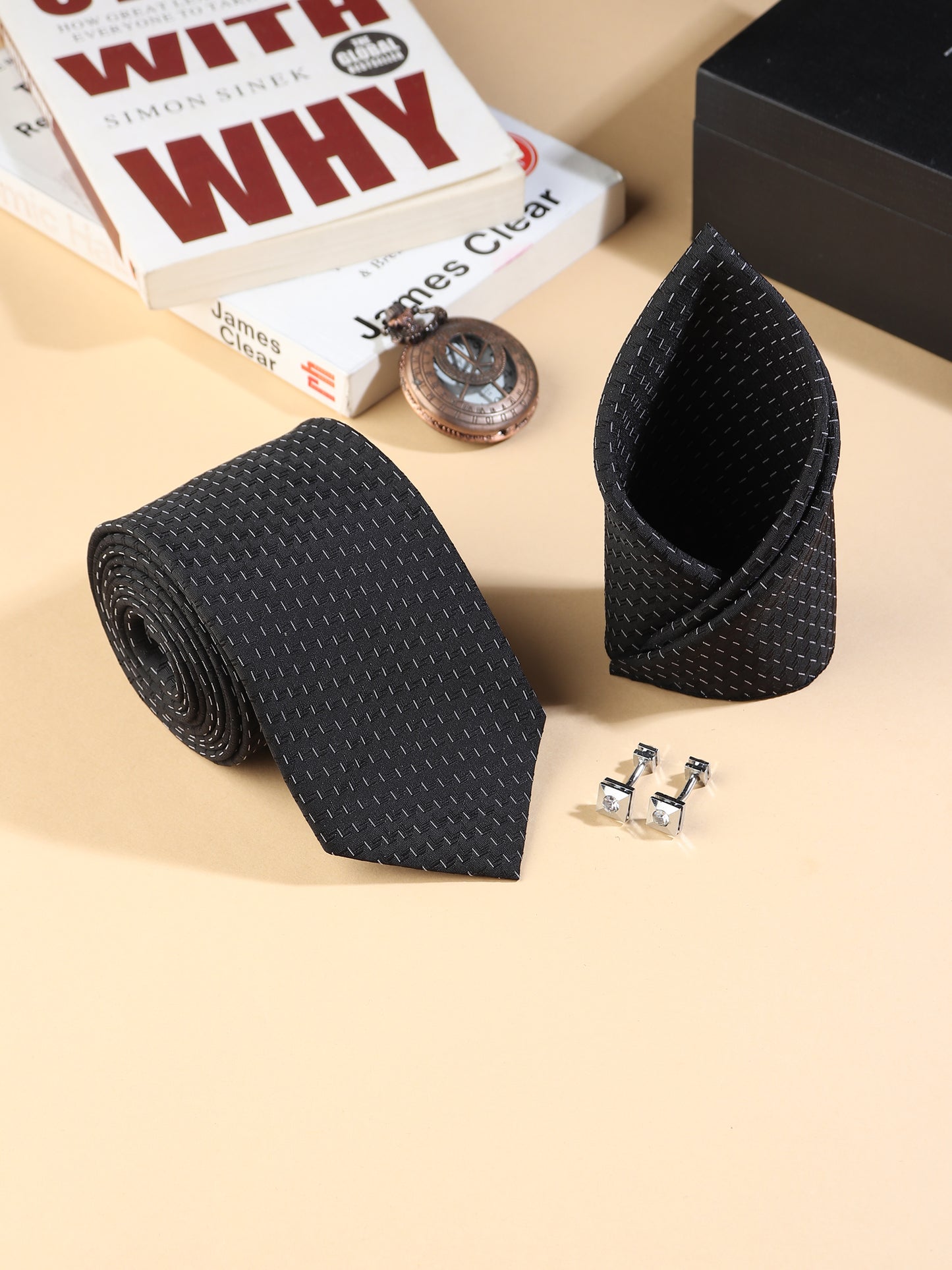 Kanthlangot Men’s 3-Piece Formal Set – Black Micro-Dash Tie, Pocket Square & Crystal Pyramid Cufflinks (3-Inch Necktie)