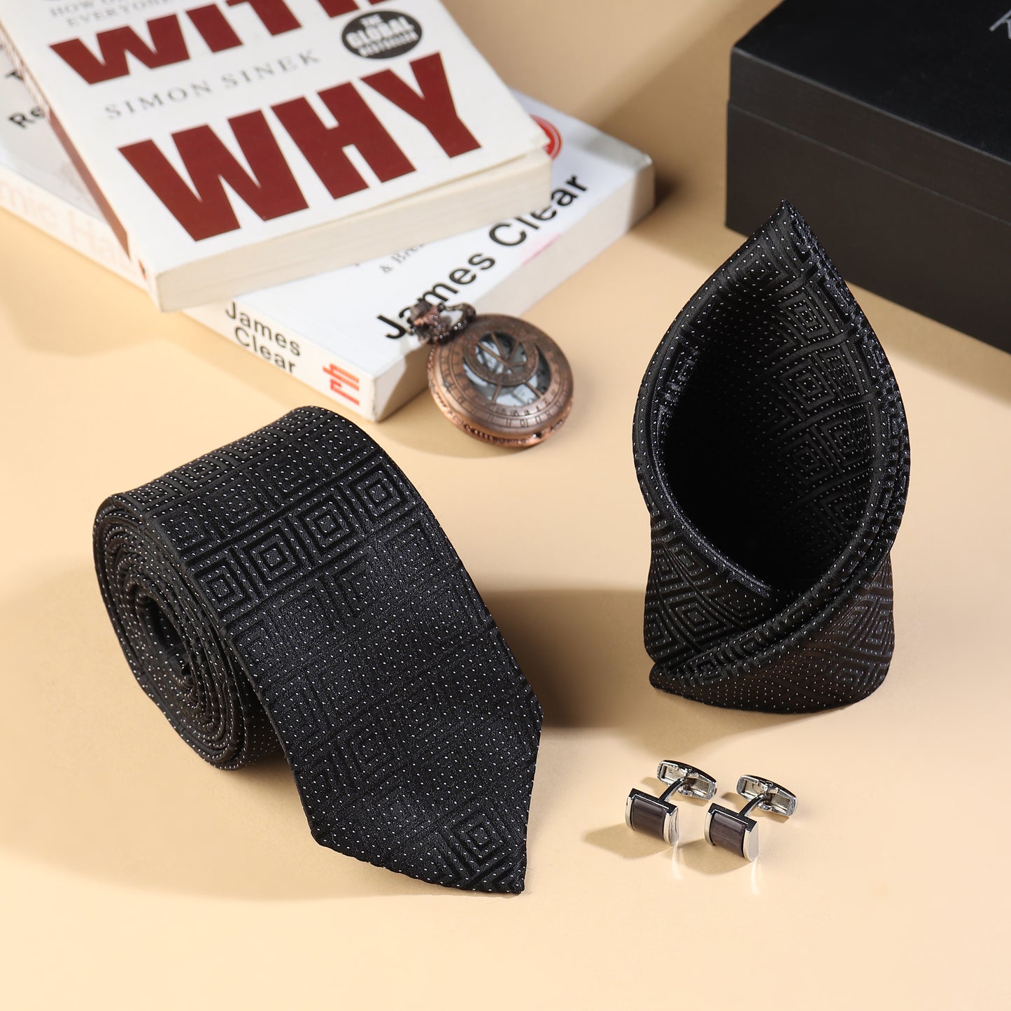 Kanthlangot Men’s 3-Piece Formal Set – Black Maze-Pattern Tie, Pocket Square & Rectangular Dark Cufflinks (3-Inch Necktie)