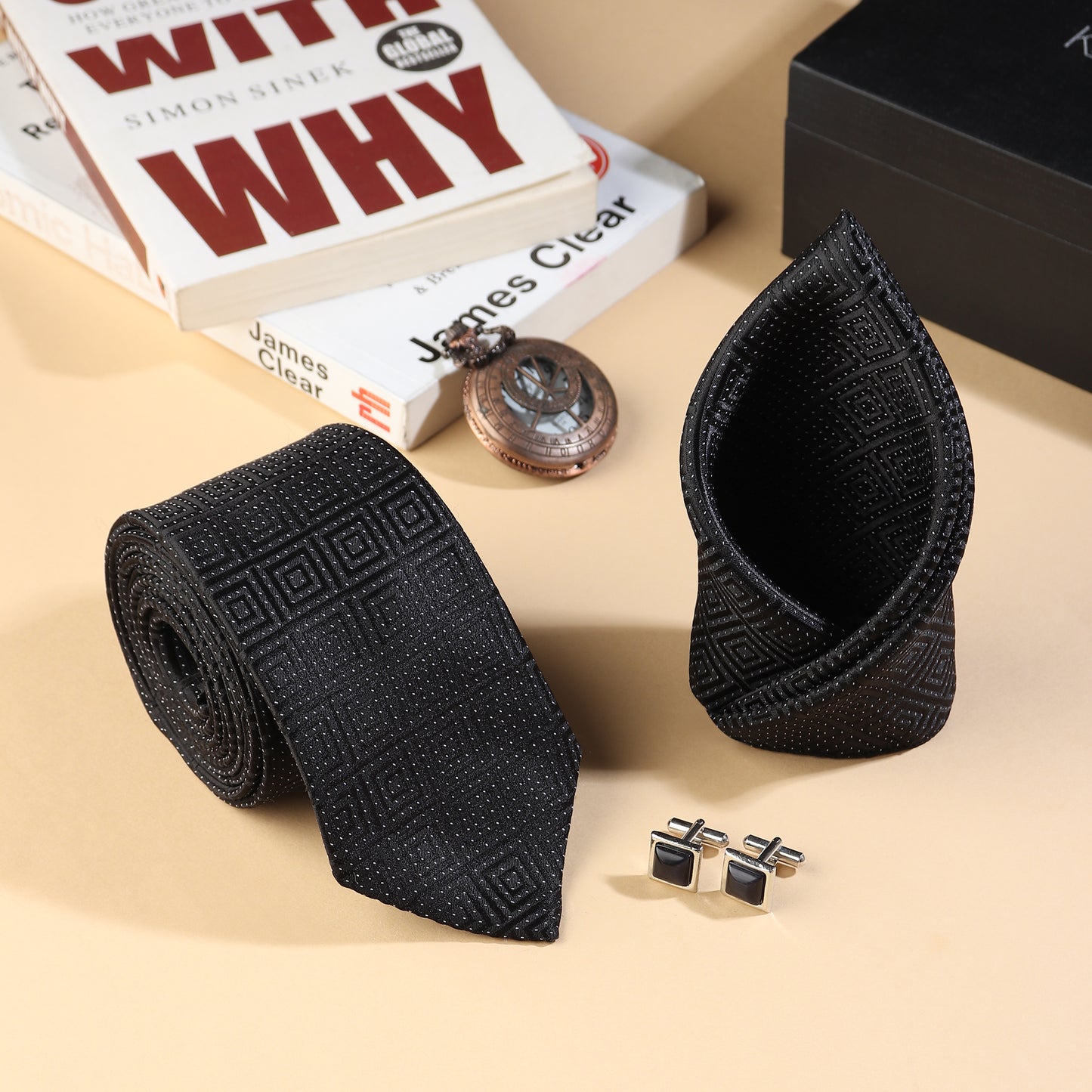 Kanthlangot Men’s 3-Piece Formal Set – Black Maze-Pattern Tie, Pocket Square & Jet Black Cufflinks (3-Inch Necktie)