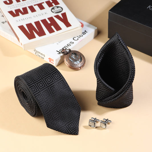 Kanthlangot Men’s 3-Piece Formal Set – Black Maze-Pattern Tie, Pocket Square & Clear Crystal Cufflinks (3-Inch Necktie)