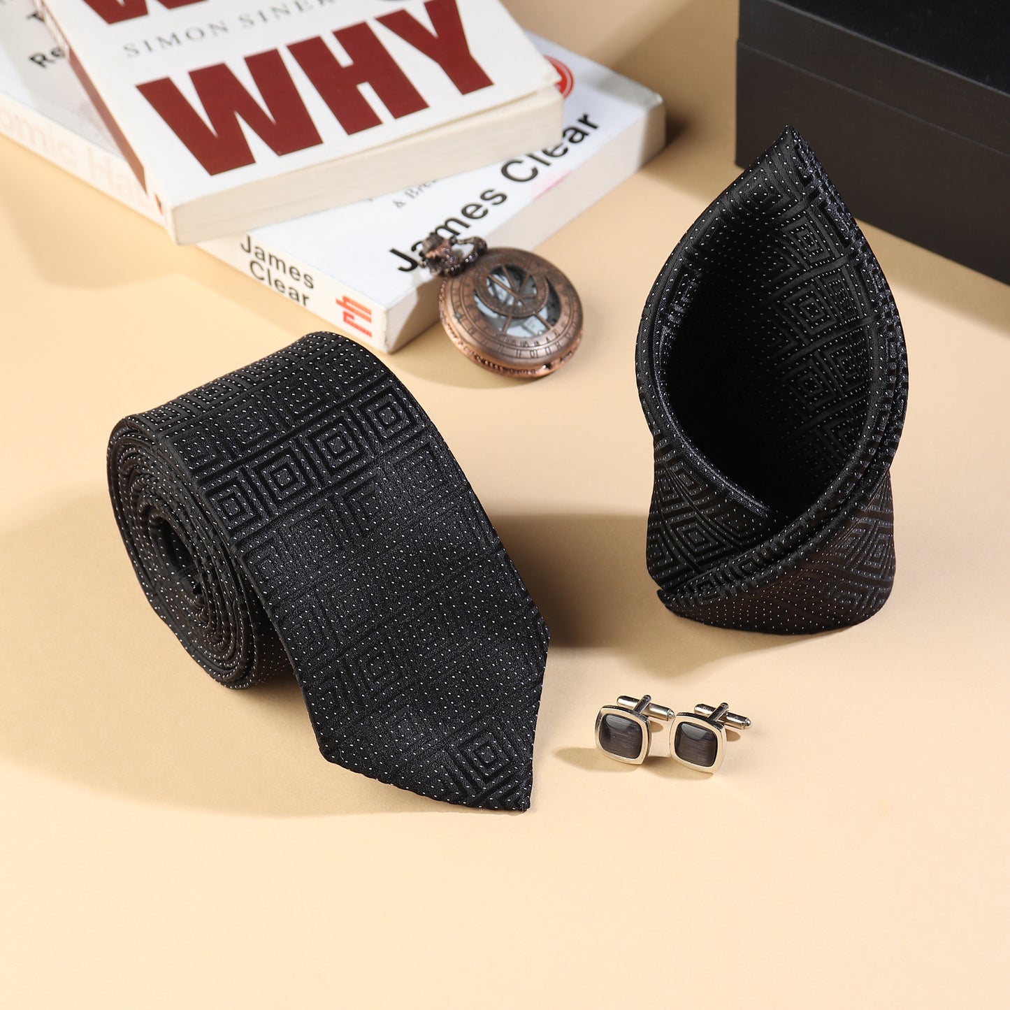 Kanthlangot Men’s 3-Piece Formal Set – Black Maze-Pattern Tie, Pocket Square & Brushed Black Cufflinks (3-Inch Necktie)