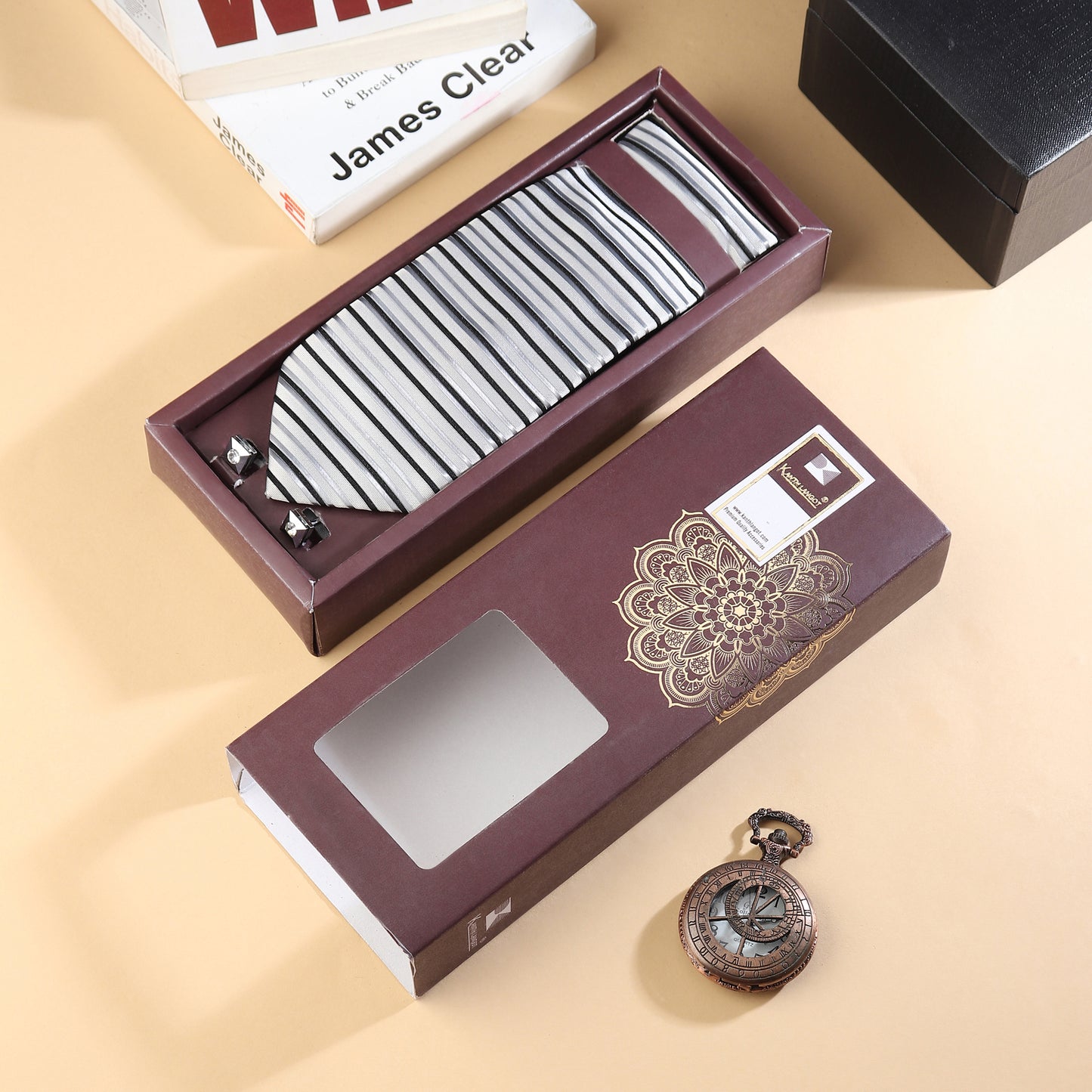 Kanthlangot men’s striped tie set with matching pocket square & silver cufflinks with black stone. Perfect for weddings, office, and elegant gifting.